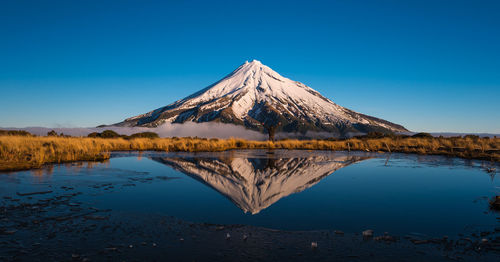 Reflection of snow covered mountain in lake