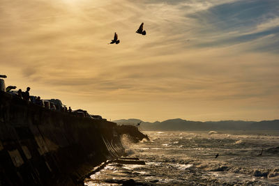 Scenic view of sea with birds flying against orange sky during sunrise