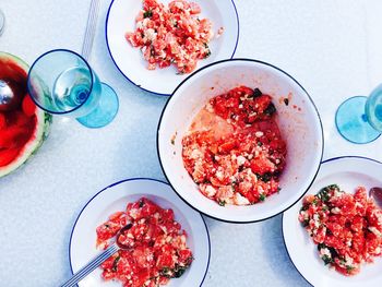 High angle view of breakfast on table