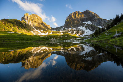 Scenic view of lake and mountains against sky