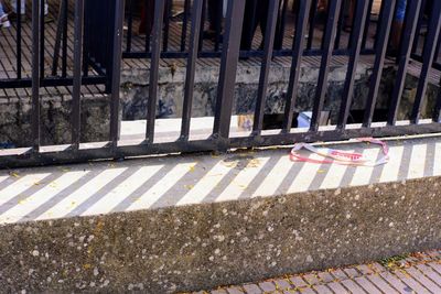 High angle view of zebra crossing on railroad track