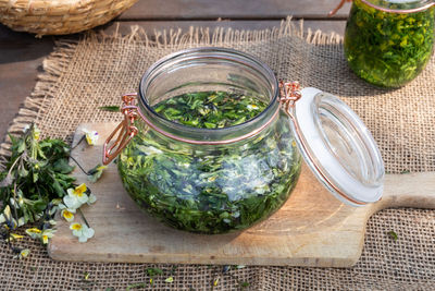 High angle view of vegetables in jar