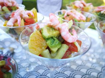 High angle view of salad in bowl on table