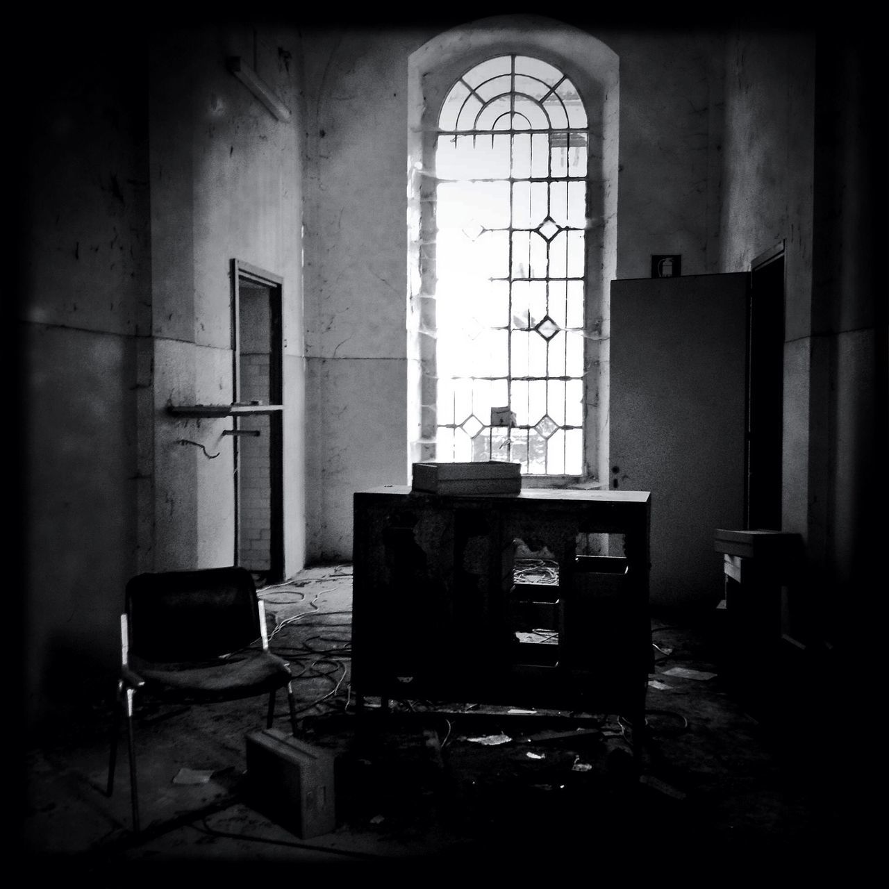 indoors, window, abandoned, home interior, house, chair, architecture, old, absence, built structure, obsolete, domestic room, empty, table, door, interior, open, room, damaged, run-down