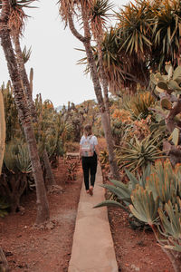 Rear view of woman walking on footpath