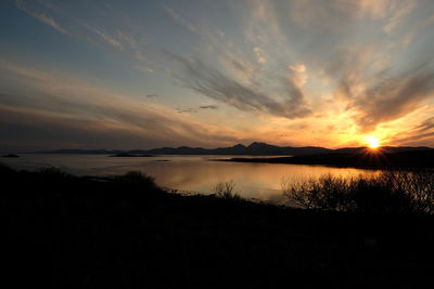 Scenic view of lake against sky during sunset