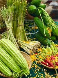 High angle view of vegetables for sale in market