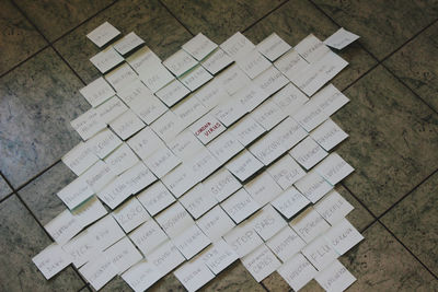 High angle view of text on book