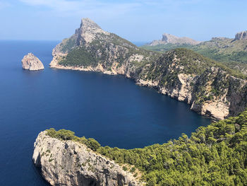 Panoramic view of sea and mountains against sky