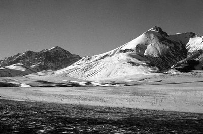 Scenic view of snowcapped mountains against clear sky