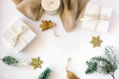 High angle view of christmas decorations on table