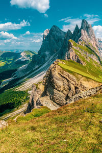 Panoramic view of the seceda, high mountain in the dolomites in south tyrol, italy.