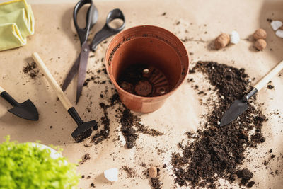 Empty pot, soil, gardening tools on craft paper background