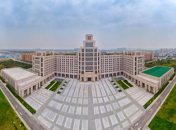 High angle view of buildings against sky