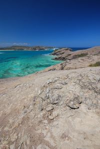 Scenic view of beach against clear blue sky