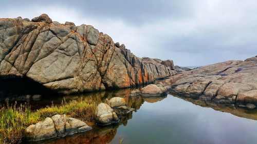 Rock formation by river against sky