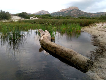 Scenic view of lake by mountain against sky