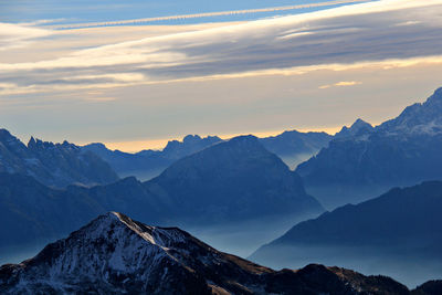 Scenic view of mountains against sky during sunset