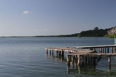 Wooden posts in lake against clear sky