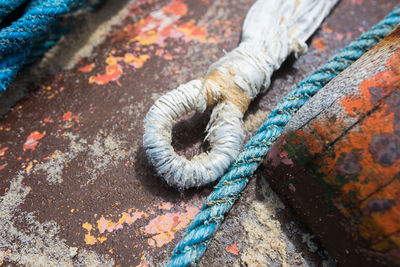 High angle view of ropes on wood