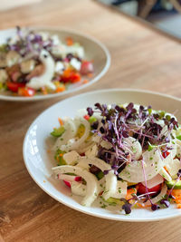 High angle view of food served on table