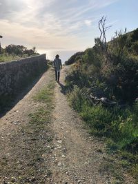 Rear view of man walking on footpath against sky