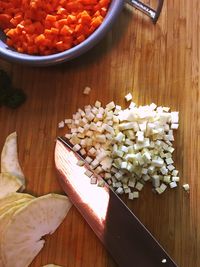 High angle view of vegetables on cutting board