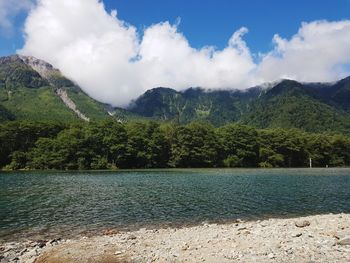 Scenic view of lake and mountains against sky