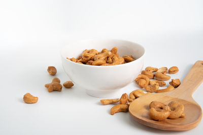 High angle view of cookies in bowl on table