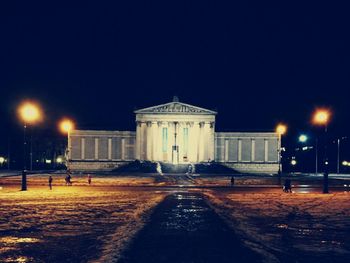 View of building lit up at night