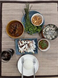 Directly above shot of breakfast served on table