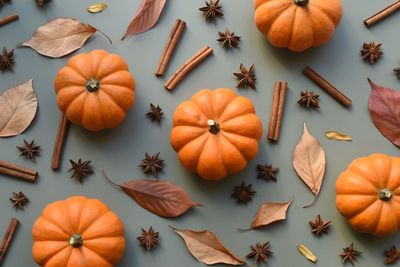 High angle view of pumpkins on table