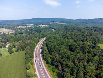 An aerial view of a highway bordered by trees.