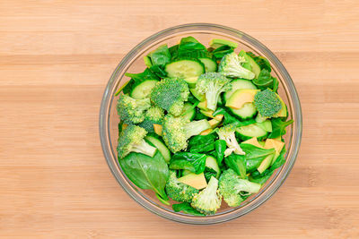 High angle view of salad in bowl on table
