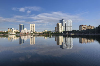 Reflection of buildings in river against sky