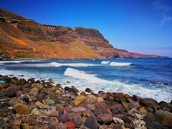 Scenic view of sea against clear blue sky