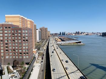 High angle view of nyc city buildings against clear sky