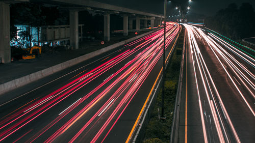 Light trails on road at night