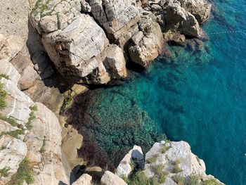 High angle view of rocks on sea shore