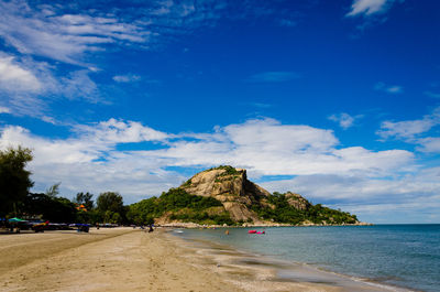 Scenic view of beach against blue sky