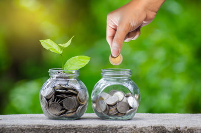 Cropped hand putting coin in jar