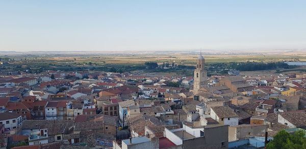 High angle view of townscape against clear sky