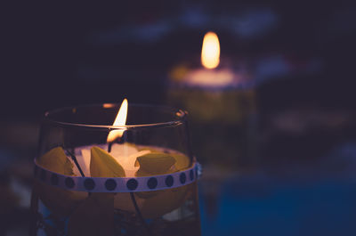 Close-up of illuminated tea light candle