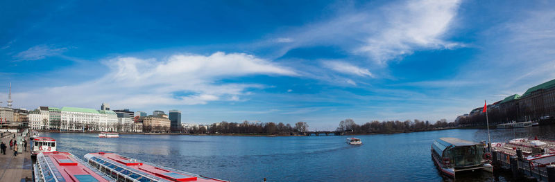 Panoramic view of boats in river against cloudy sky