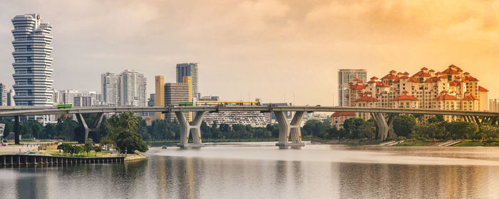 Bridge over river by buildings against sky in city