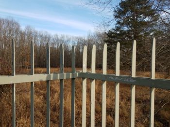 Fence by trees on field against sky