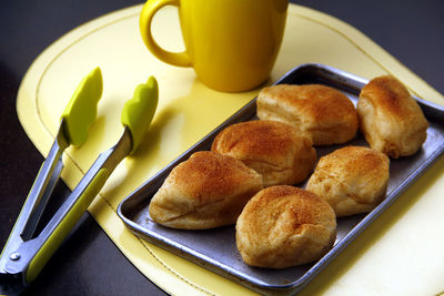 High angle view of breakfast on table