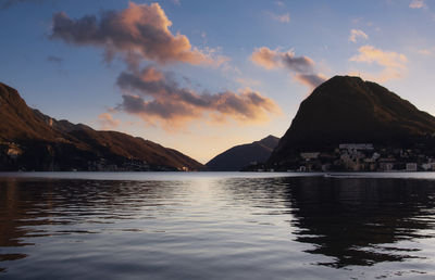 Scenic view of lake against sky during sunset