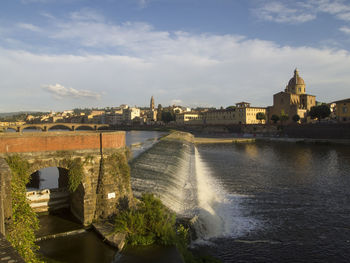 River flowing amidst buildings against sky