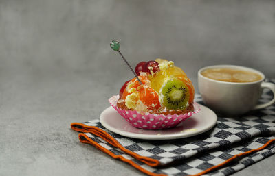Close-up of dessert in plate on table